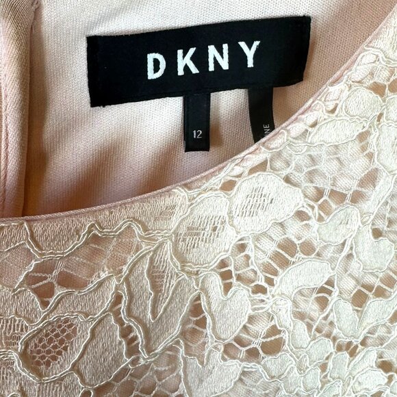 DKNY Blush Pink Lace Ruffle Dress Belted Short Sleeve Size 12 Cocktail Wedding - Picture 7 of 8